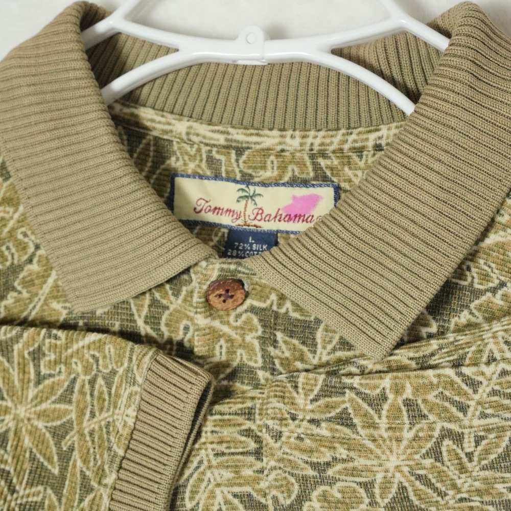 Tommy Bahama‎ Floral Polo Shirt Men's Large Silk Blend Green Preppy Short Sleeve